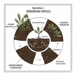 Illustration von Gründüngungspflanzen und deren positiver Effekt auf den Humusaufbau im ökologischen Garten.