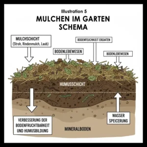 Ein Querschnitt durch eine Mulchschicht erklärt die Bodenverbesserung und den Humusaufbau im ökologischen Garten.