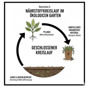 Darstellung eines geschlossenen Nährstoffkreislaufs zur Förderung vom Humusaufbau im ökologischen Garten.