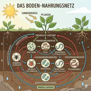 Infografik über das Nahrungsnetz im Boden, das hilft, das bodenleben fördern im garten besser zu verstehen.