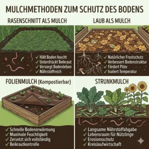 Verschiedene Mulchmethoden wie Laub und Grasschnitt, die aktiv das bodenleben fördern im garten.
