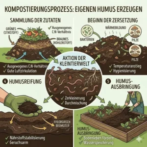 Darstellung des Kompostierungsprozesses zur Erzeugung von Humus, um das bodenleben fördern im garten.