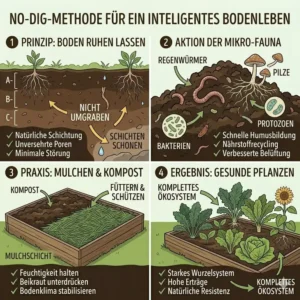 Die No-Dig-Gärtnerei-Methode schont die Bodenschichten und hilft beim bodenleben fördern im garten.