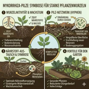 Symbiose zwischen Mykorrhiza-Pilzen und Pflanzenwurzeln, um das bodenleben fördern im garten.