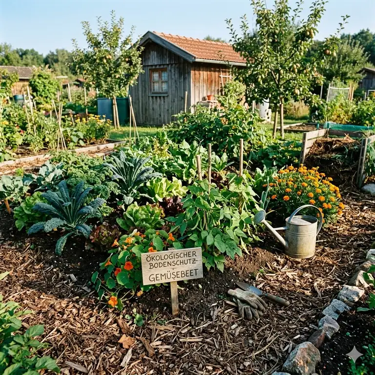 Ein blühender Biogarten mit Fokus auf bodenschutz im ökologischen garten durch natürliche Mulchschichten.