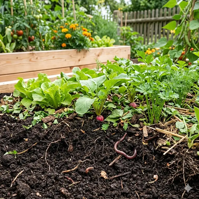Ein üppiger Gemüsegarten mit gesundem, dunklem Boden als Basis für langfristige bodengesundheit garten.