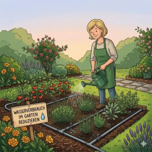 Eine Regentonne sammelt Regenwasser, um effektiv den wasserverbrauch im garten reduzieren zu helfen.