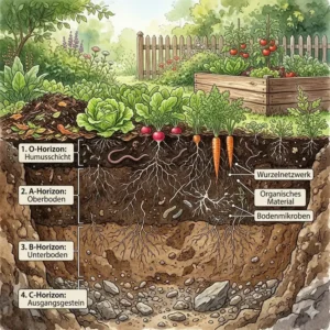 Illustration der verschiedenen Bodenschichten zur Förderung der langfristige bodengesundheit garten.
