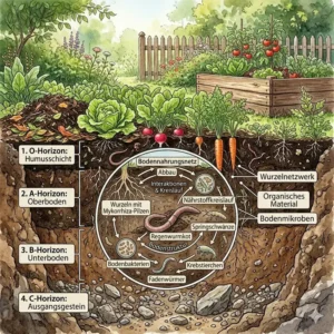 Darstellung von Regenwürmern und Mikroorganismen, die für die langfristige bodengesundheit garten wichtig sind.