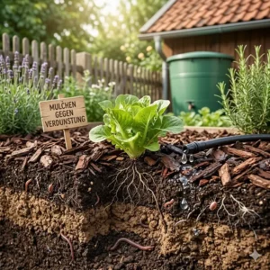 Eine dicke Schicht Rindenmulch auf einem Gartenbeet, die die Bodenfeuchtigkeit bewahrt und Wasserverdunstung reduziert.