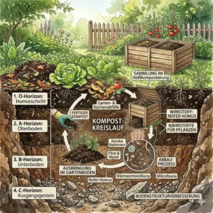 Infografik zum Kompostieren als natürlicher Dünger für eine langfristige bodengesundheit garten.