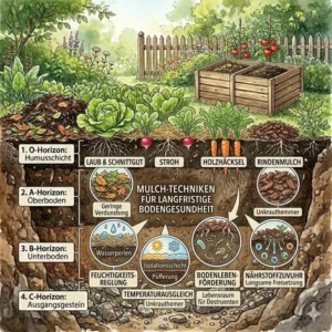 Illustration einer Mulchschicht zum Schutz der Feuchtigkeit und zur langfristige bodengesundheit garten.
