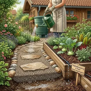 Ein ökologischer Gartenweg aus Kies und Trittsteinen, der die natürliche Wasserversickerung im Boden ermöglicht.