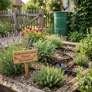 Heimische, trockenheitsresistente Stauden in einem nachhaltigen Garten, die wenig Zusatzbewässerung benötigen.