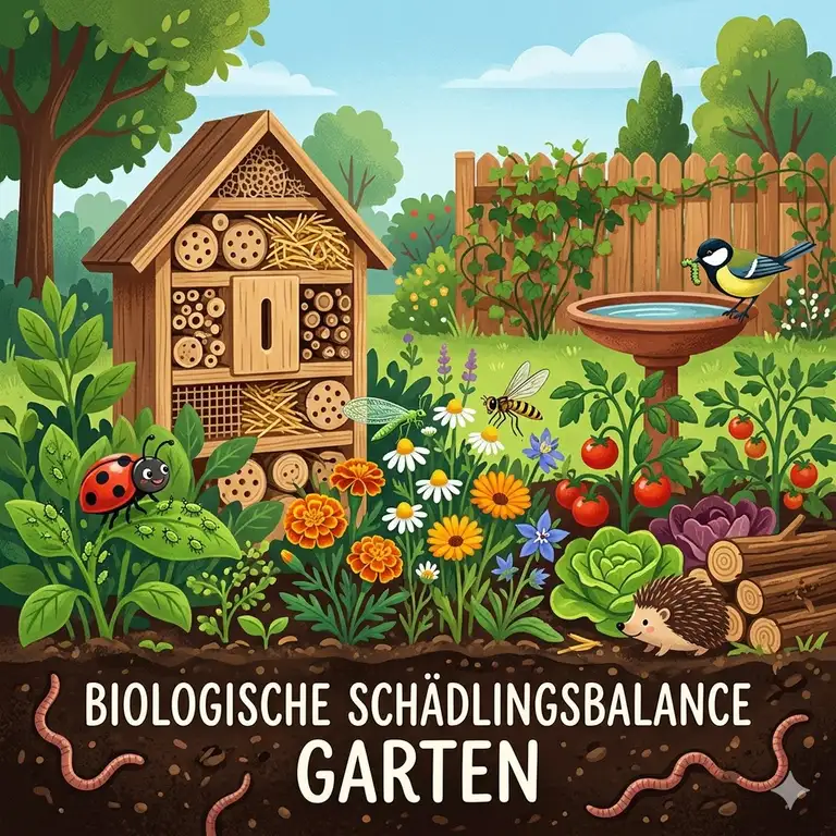 Ein üppiger Naturgarten với vielfältigen Pflanzen zur Förderung der biologischen Schädlingsbalance Garten.