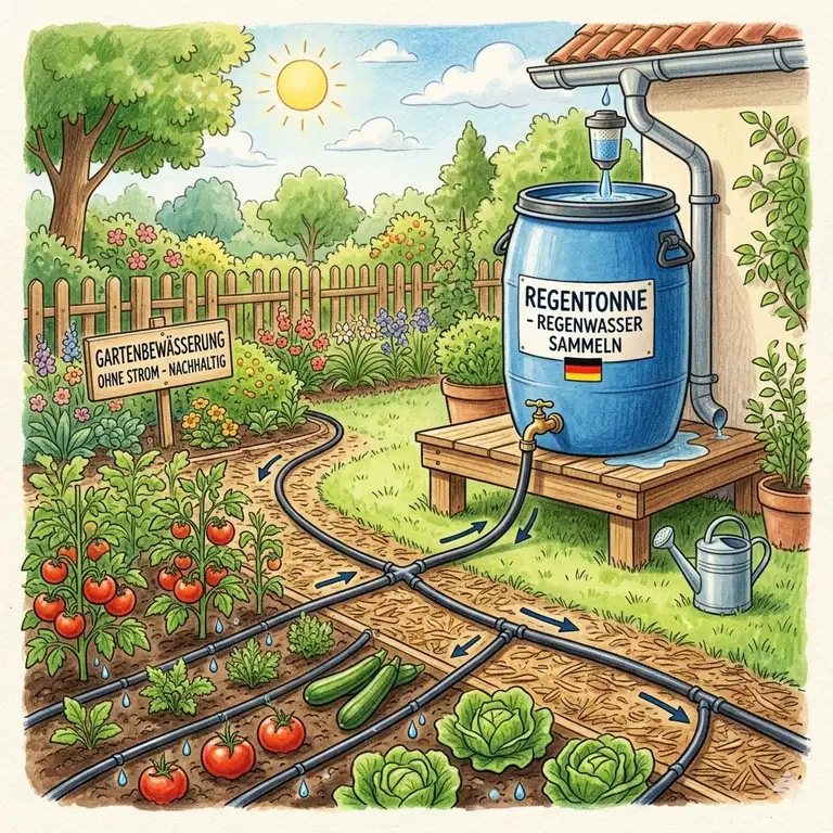 Ein komplettes System zur gartenbewässerung ohne strom mit einer Regentonne in einem deutschen Garten.