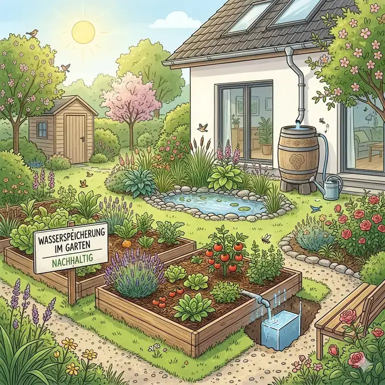 Ein nachhaltiges Gesamtkonzept für die wasserspeicherung im garten mit verschiedenen Systemen.