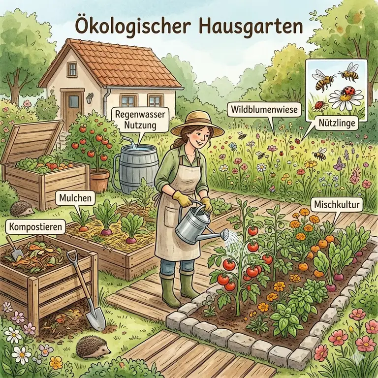 An overview of a thriving, diverse ecological garden demonstrating various natürliche Gartenpflege Methoden like composting, mulching, rainwater harvesting, beneficial insects, companion planting, and organic fertilizer.