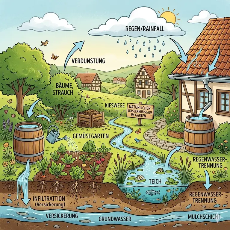 Übersichtsgrafik zur Gestaltung, die natürliche wasserkreisläufe garten zeigt.