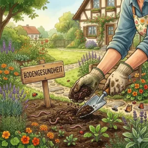 Hände, die nährstoffreichen Kompost in den Boden einarbeiten, um den garten gesund halten ohne chemie.