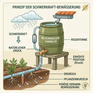 Illustration der gartenbewässerung ohne strom durch Schwerkraft aus einer Regentonne
