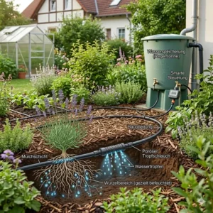 Detailierte Grafik über Tröpfchenbewässerung direkt an den Pflanzenwurzeln für klimaeffiziente bewässerung garten