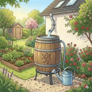 Eine klassische Regentonne zur effizienten wasserspeicherung im garten.