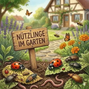 Ein Marienkäfer und Nützlinge auf einem Blatt, um den garten gesund halten ohne chemie.