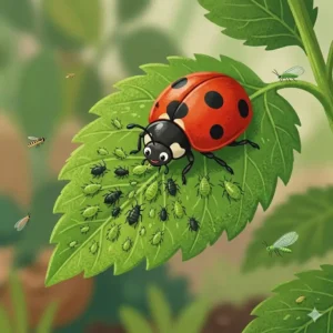 Ein Marienkäfer auf einem Blatt frisst Blattläuse zur natürlichen biologischen Schädlingsbalance Garten.