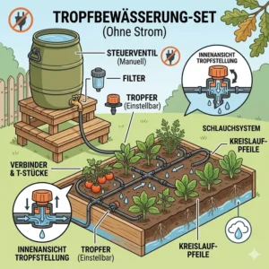 Ein Tropfbewässerung-Set für Beete zur effizienten gartenbewässerung ohne strom im Detail.