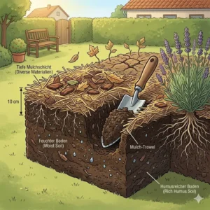 Illustration einer dicken Mulchschicht auf dem Gartenboden, die das Verdunsten von Wasser im Alltag verhindert.