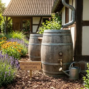 Eine große Regentonne zum Sammeln von Gießwasser, um lange trockenperioden im garten überstehen zu können.