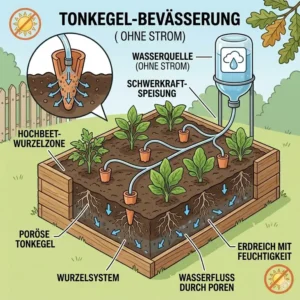 Bewässerung von Pflanzen im Hochbeet mit Tonkegeln für gartenbewässerung ohne strom.