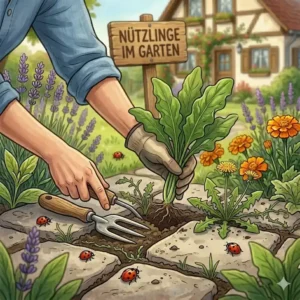 Jemand entfernt Unkraut von Hand aus einem Beet, um den garten gesund halten ohne chemie.