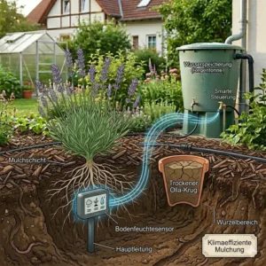 Eine schützende Mulchschicht auf dem Boden verhindert Verdunstung und unterstützt klimaeffiziente bewässerung garten.