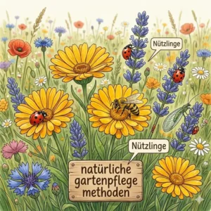 A close-up of a wildflower meadow with multiple beneficial insects like bees and ladybugs, demonstrating biological pest control as one of the natürliche Gartenpflege Methoden.