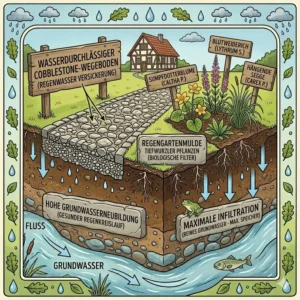 Querschnitt einer bepflanzten Versickerungsmulde für natürliche wasserkreisläufe garten.
