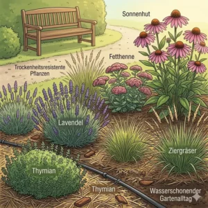 Übersicht von heimischen, trockenheitsresistenten Stauden und Kräutern für einen wasserschonenden Garten.
