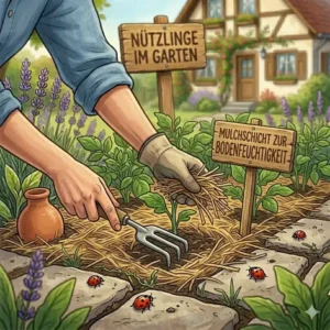 Mit Rindenmulch abgedeckte Beete, um den garten gesund halten ohne chemie.