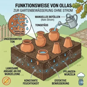 Grafik zur Funktionsweise von Ollas (Tongefäßen) zur gartenbewässerung ohne strom.