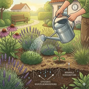 Illustration einer Uhr, die auf die frühen Morgenstunden zeigt, als bester Zeitpunkt für wasserschonendes Gießen im Alltag.