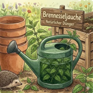 A detailed view of a watering can and a sign, explaining the preparation of nettle tea as an organic fertilizer within the framework of natürliche Gartenpflege Methoden.