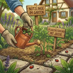 Eine Gießkanne mit Brennnesseljauche zur Pflanzenstärkung, um den garten gesund halten ohne chemie.