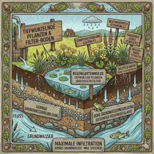 Grafik zum Mulchen und Schutz der Bodenfeuchte für natürliche wasserkreisläufe garten.