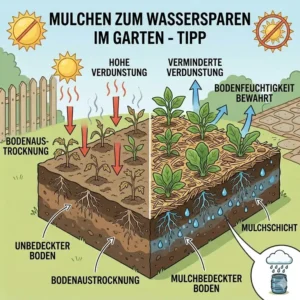 Illustration zum Mulchen als Ergänzung zur gartenbewässerung ohne strom zur Feuchtigkeitsspeicherung.