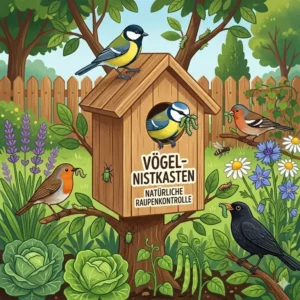 Ein hölzerner Nistkasten für Vögel, die den Garten von Raupen und Käfern befreien, zur biologischen Schädlingsbalance Garten.