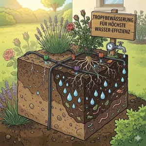 Ein modernes Tropfbewässerungssystem kombiniert mit der wasserspeicherung im garten.