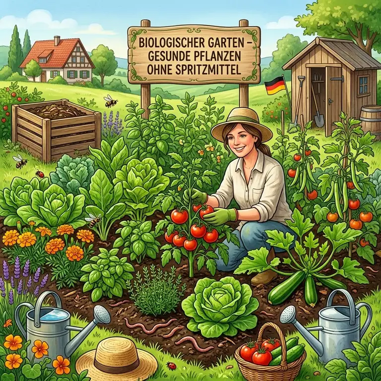 Ein üppiger Gemüsegarten im Sonnenlicht zeigt gesunde Pflanzen ohne Spritzmittel in voller Blüte.