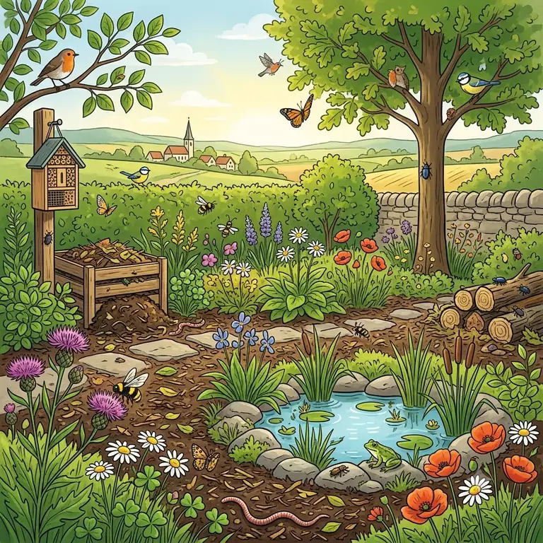 Ein üppiger, lebendiger Naturgarten mit Wildblumen, Vögeln und einem kleinen Teich, để natürliche gartenökosysteme fördern.