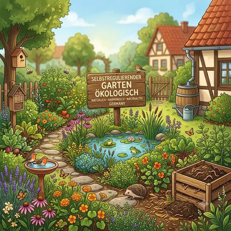 Ein wunderschöner, naturnaher selbstregulierender garten ökologisch mit einem Teich, Wildblumen und einem Insektenhotel im Sonnenlicht.